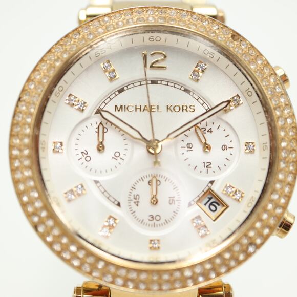 Michael Kors Womens White Gold Tone Chronograph Watch 39mm with New Battery - Picture 6 of 16